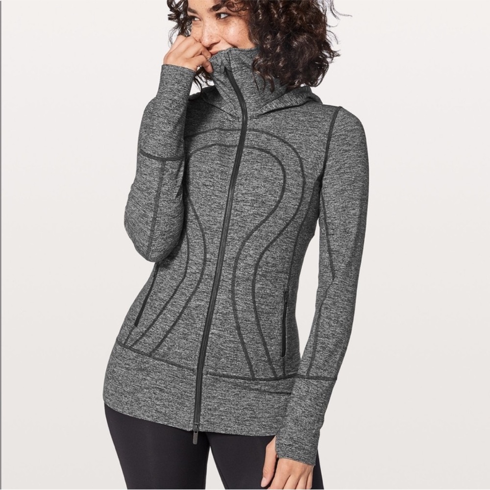 Lululemon In Stride II Hoodie Jacket Heather Gray Full Zip Thumb Holes 4